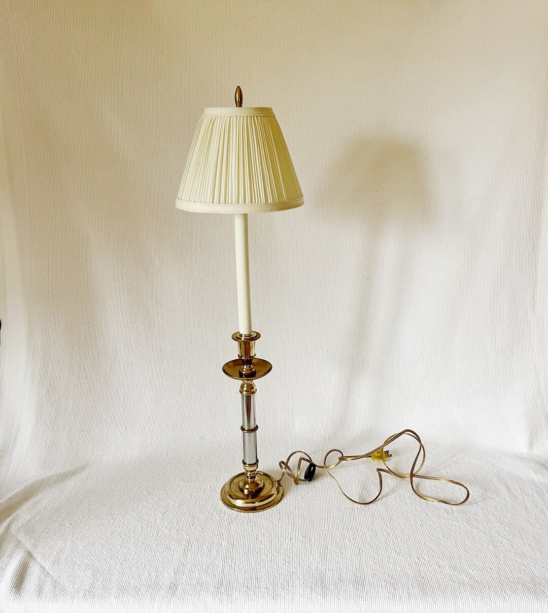 Vintage Tall Brass Candle Stick Lamp, Gold and Silver Side Table Top