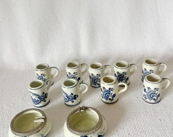 Vintage Huge Miniature 2" Crown DELFT Blue Mug Steins Hand Painted Delft Blue Seta and Two Ashtrays,  Delft Pottery Hand Painted Holland