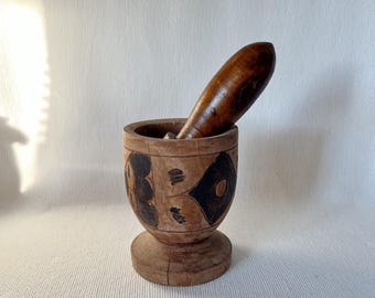Vintage Large Wooden Mortar and Pestle, Pilon, Wooden Large Carved Kitchen Shelve Decoration Distressed Patina Old Wooden Mortar and Pestle