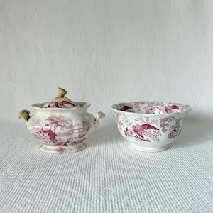 Vintage or Antique Sugar Bowl with Lid and Small Bowl/Cup, Unbranded Unique Ironstone, Rare Ironstone Kitchen Decor, Old Stained Crazing