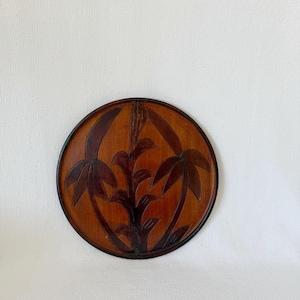 Vintage Wood Wall Plate, Floral Hand Made Dish, Wall Decor, Hand Carved Vintage Round Wooden Wall Plaque, Folk Art Palm, Leaves Design