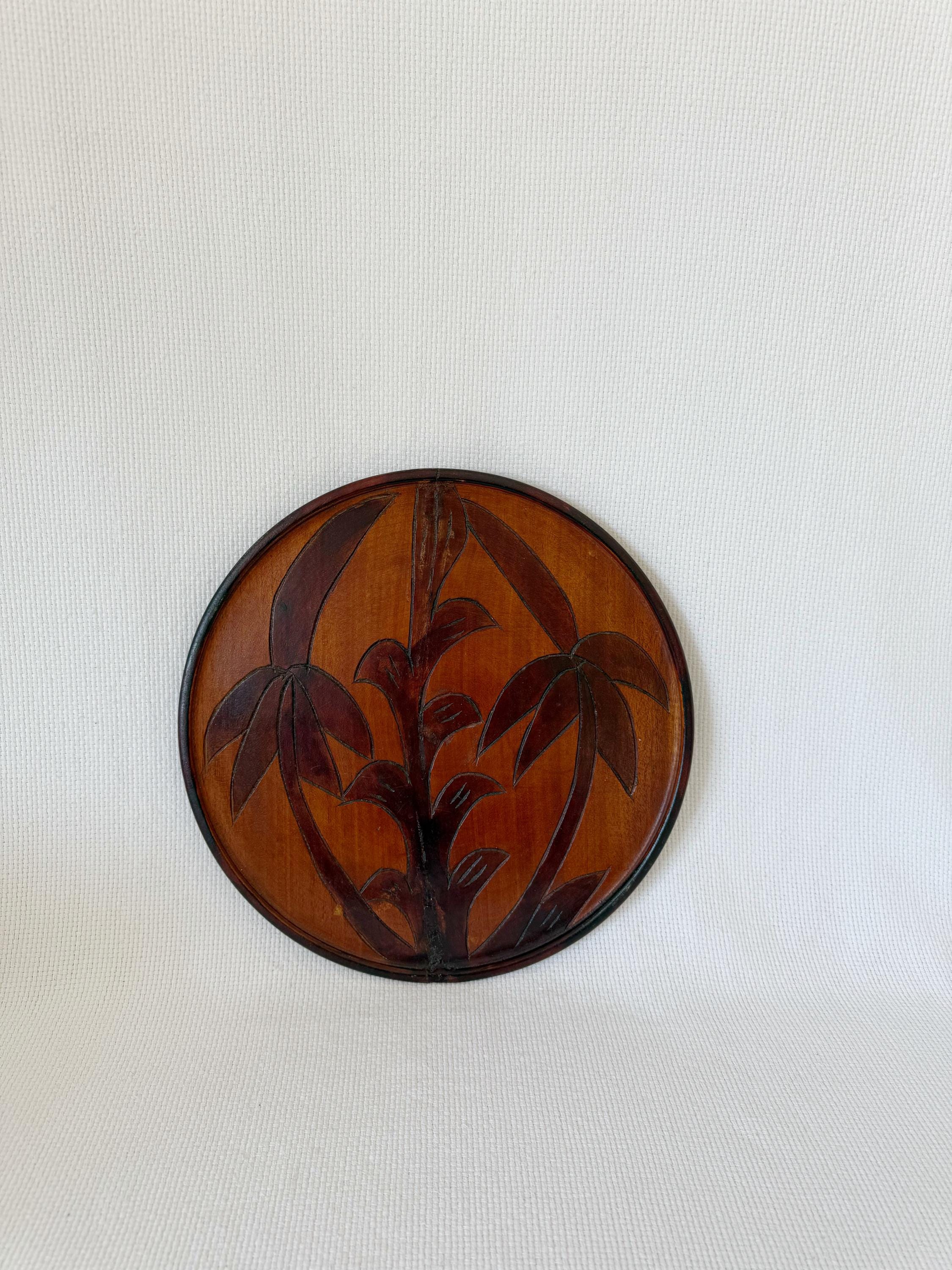 Vintage Wood Wall Plate, Floral Hand Made Dish, Wall Decor, Hand Carved Vintage Round Wooden Wall Plaque, Folk Art Palm, Leaves Design