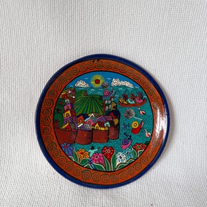 Vintage Hand Painted Ceramic Plate Folk Art Wall Decor Colorful Village Scene Signed Pottery Decorative Dish Boho Rustic Home Accent