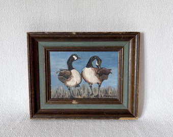 Vintage Wildlife Art, Original Oil Painting Canadian Geese Oil Painting in Wood Frame Signed Two  Geese Picture Vintage Nature Life Painting