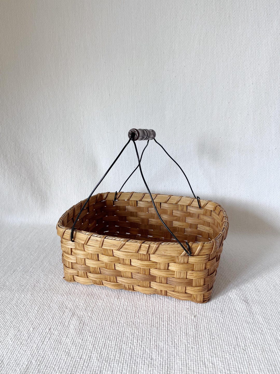 Vintage Splint Weave Basket With Wire and Wood Handle, Gathering Basket ...