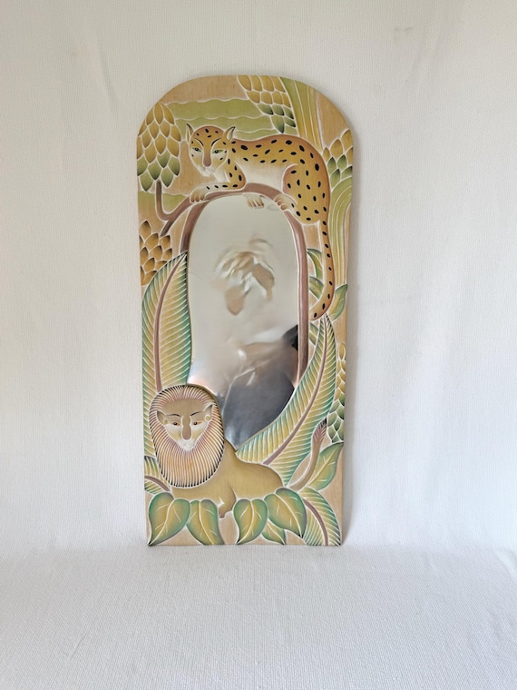 Vintage Hand-painted Jungle Mirror With Leopard and Lion
