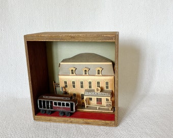 Vintage Miniature Train Station in a Wooden Box, Eagle Hotel Miniature, San Francisco Station Train, Vintage Kid Room Shelve/Wall Decoration