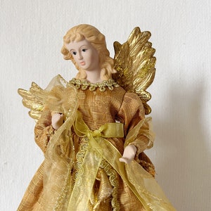 Vintage Santa&#39;s Workshop Christmas Angel Tree Topper, Gold Angel Tree Topper Decoration With Gold Wings, Free Standing Blond Angel Doll