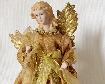 Vintage Santa's Workshop Christmas Angel Tree Topper, Gold Angel Tree Topper Decoration With Gold Wings, Free Standing Blond Angel Doll