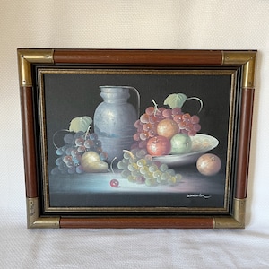 Classical Still Life Oil Painting, Framed, Fruits grapes and Jug, Oil On Canvas, Wood and Copper Frame, Vintage and Old Painting for Kitchen