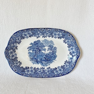 Vintage English Ironstone Blue Transfer ware Oval Side Dish, Enoch Wedgwood Tunstall Woodland Pattern, New Home Gift Platter/Tray w Crazing