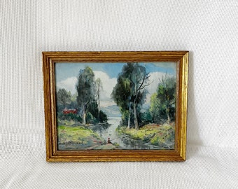 Vintage Mid-Century Impressionist River Scene, Oil Painting in Gold Frame, Signed Illegibly Picture, Vintage Classical Nature Life Painting