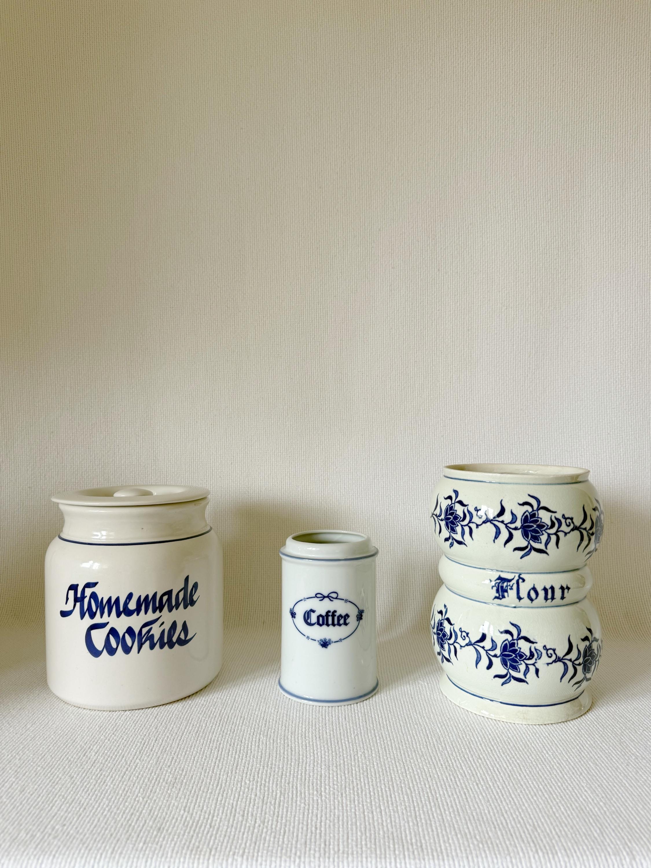 Vintage Blue & White Kitchen Canisters, Homemade Cookies, Coffee