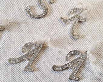 Vintage Christmas Tree Rhinestone Letters Ornaments, Amazing Vintage Decoration, Unique Old Christmas Decoration, Silver Shiny Initial Set