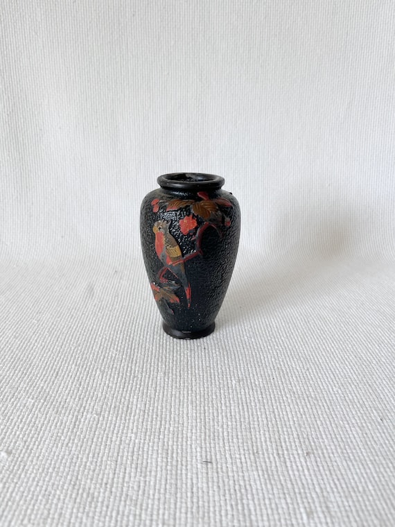 Vintage Japanese Old Pottery Black Vase With Bird, Small