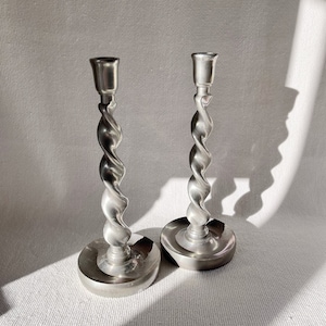 Vintage Pair Arthur Court Aluminum Silver Twist Candle Candlestick Holders Chunky Swirl Candlestick Holders Unique Heavy Metal Brutalist