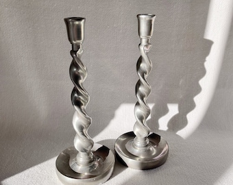 Vintage Pair Arthur Court Aluminum Silver Twist Candle Candlestick Holders Chunky Swirl Candlestick Holders Unique Heavy Metal Brutalist