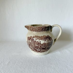 Vintage or Antique Brown Transfer Pitcher Thames England Boat Scene British Anchor Pottery C 1900, Real English Ironstone Stained Crazing