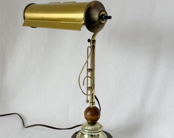Vintage Brass Musician Desk Lamp with Treble Clef Accent and Wood Base Adjustable Piano Style Light Rustic Oxidized Working Condition