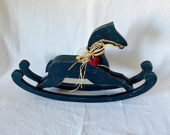 Decorative Wooden Rocking Horse, Navy Blue Kids Room Decor, Vintage Girl Room Interior, Baby Boy Space Decor, Large Dresser Top Decoration