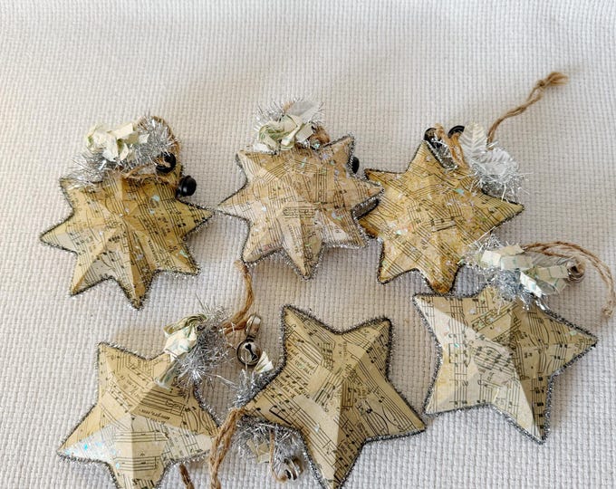 Vintage Sheet Music Star Ornaments Set of 6, Glitter Christmas Tree ...