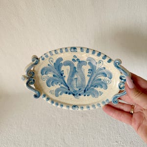 Vintage Unique Blue White Cracked Italian Ceramic Dish, Hand Made Soap Dish, Jewelry Trinket Dish Beige and Blue Home Decoration Footed Dish
