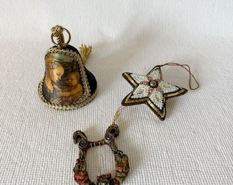 Vintage Christmas Ornament Set, Musical Bell with Madonna & Child, Beaded Star Ornament, Mini Lyre Harp Decoration, Holiday Decor