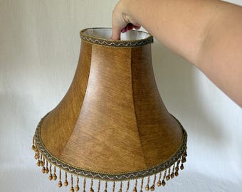 Vintage Beaded Lampshade, Brown Faux Wood Grain Lamp Shade, Boho Fringe Shade, Mid Century Lighting Decor, Retro Table Lamp Replacement