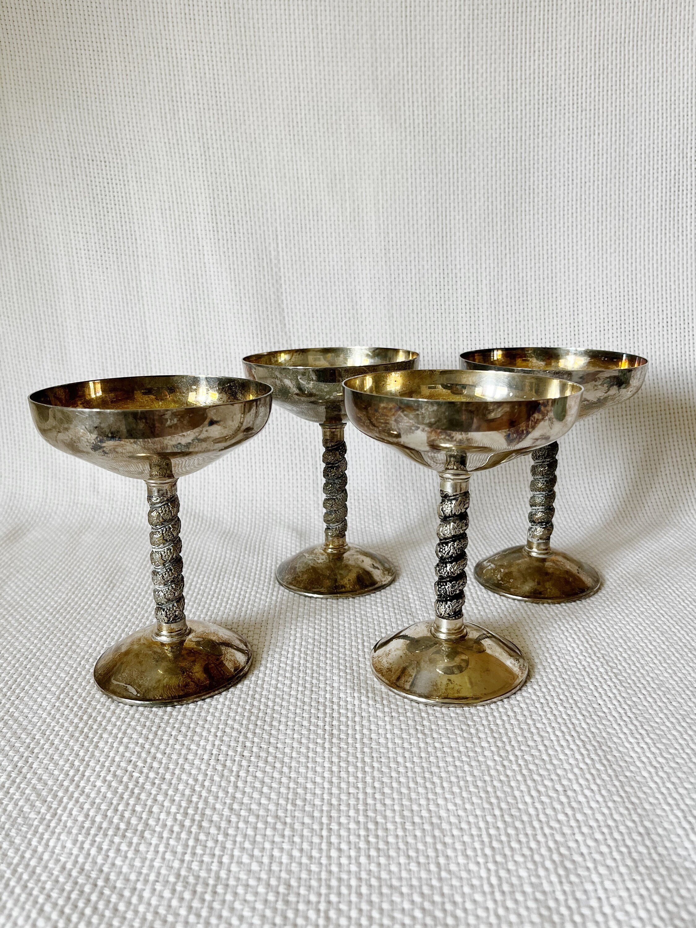 Set of 4 Brass Spain Champagne Dessert Goblets, Twisted Wine Stems, Metal Glasses, Candle Holders, Vintage Spotted Pewter Parfait Glasses