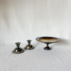 Vintage Silver Plated Metal Pedestal Decorative Dish with Pair of Candle Holders, Candy Dish, Night Stand Dish, Ring Dish Pillar Candle Dish