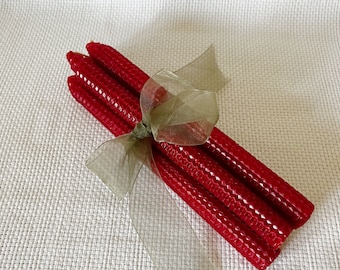 Red Hand Made Bees Wax Candle Sticks, Christmas Candle Sticks, Pure Beeswax Hand Rolled Taper Bee Light Honeycomb Candles Christmas