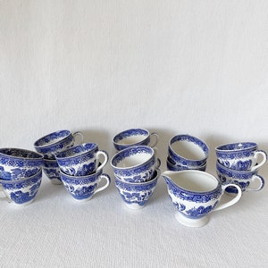 Vintage Made in England Blue and White Floral/Birds Tea or Coffee Cups and Creamer, Blue Willow Cups, English Iron Stone Cups, Washington