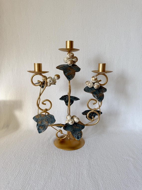 Vintage Gold Metal Candelabra with Wooden Berries, 3 Arm Candle Holder, Italian Style Romantic Table Decor, Vintage/Antique Wedding Decor