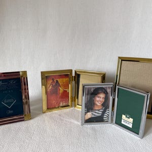 Vintage Brass Photo Frames Set, Double Hinged Picture Frames, Gold and Silver Mini Frames, Mid Century Desk Decor, Small Picture Frames