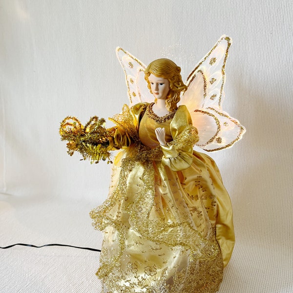 Vintage Christmas Angel Tree Topper, 15” Trim A Home Fiber Optic Magical Christmas Angel Color Changing Tree Free Standing Angel Light Doll