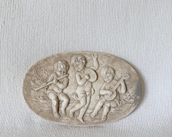Placa de pared vintage con querubines y ángeles músicos, relieve ovalado de querubines en yeso, decoración clásica de ángeles para la pared, arte para el hogar de estilo europeo