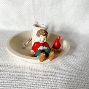 Vintage PartyLite Ceramic Holiday Candle Holder With Figurine And Handle, Sleeping Boy in the Candle Holder, Unique Santas Waiting Decor