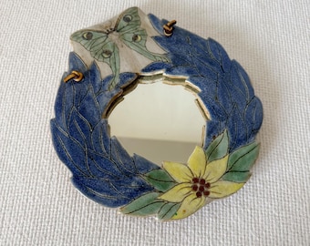 Vintage 1980' Small Painted and Glazed Pottery Hand Made Mirror Wall Decoration with Lotus and Moth Butterfly, Unique Potter Art Mirror