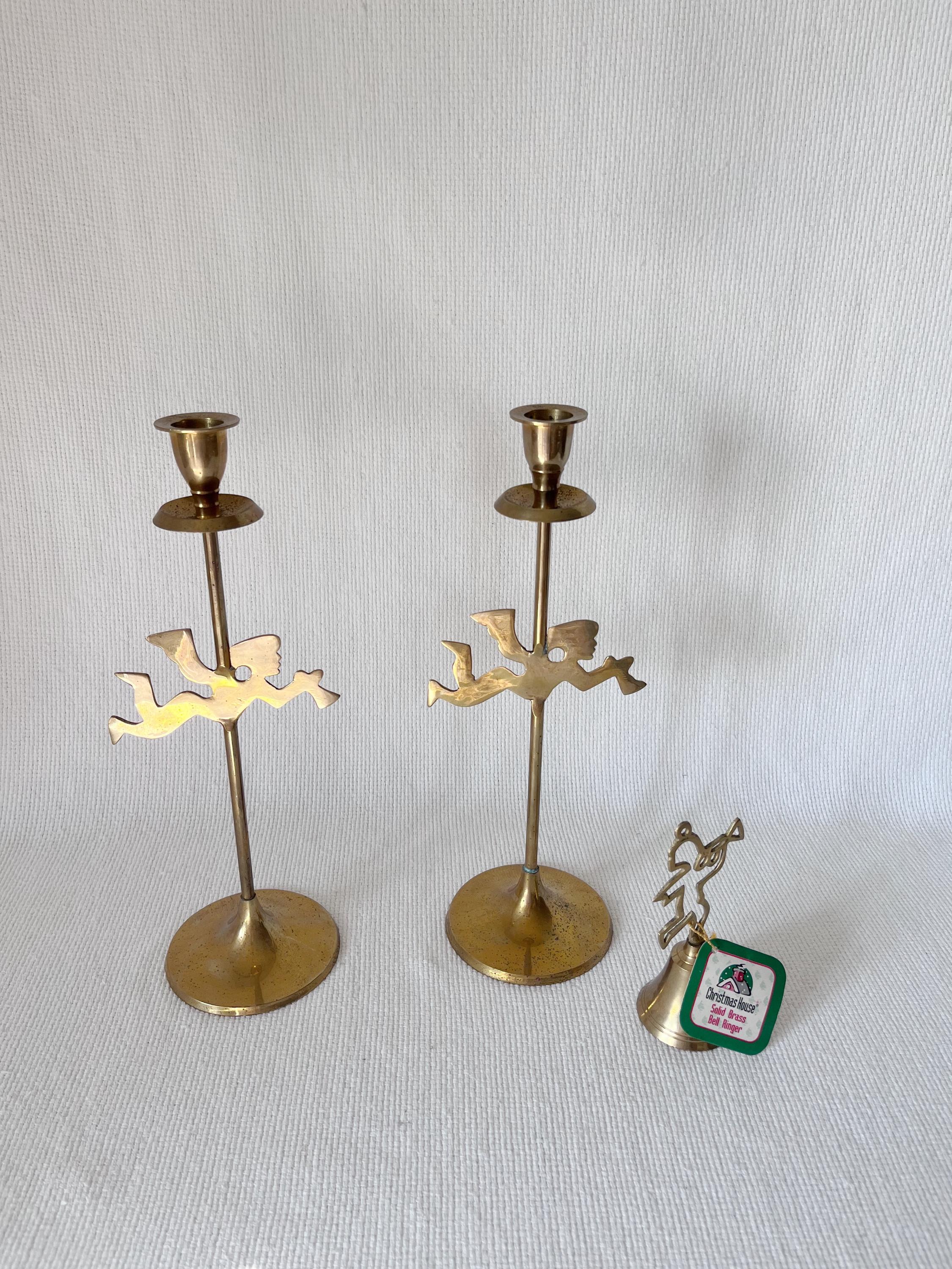 Set of 2 Brass Angel Slim Candle Stick Holders with some Patina, Christmas Candle Holder Unique Vintage Brass Bell with Angel, Holiday Table