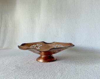 Vintage Copper Pedestal Bowl with Cutout Design, Rustic Copper Dish, Decorative Footed Bowl, Antique Style Centerpiece