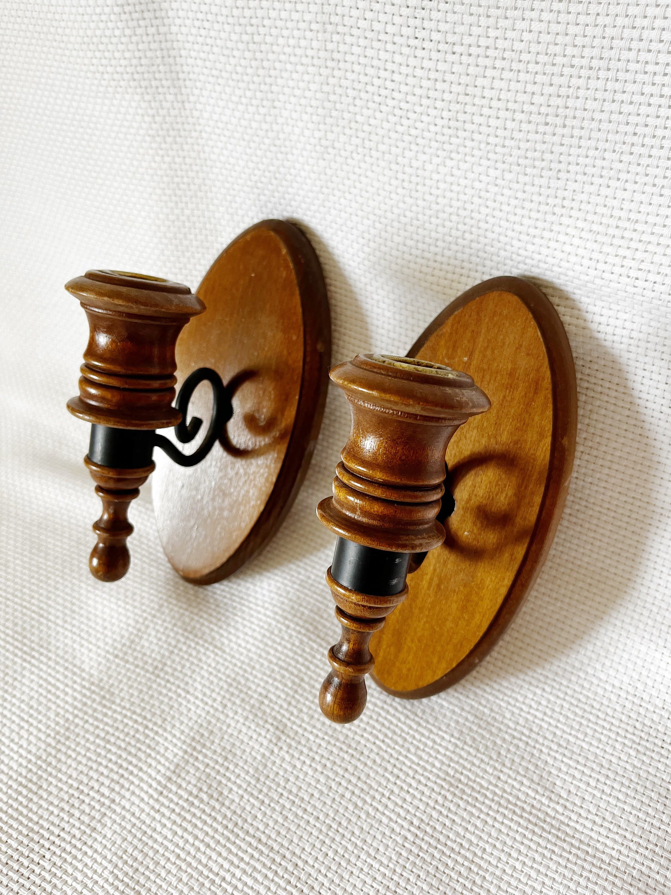 木製と錬鉄製の壁付けキャンドルホルダー、ヴィンテージ木製キャンドル