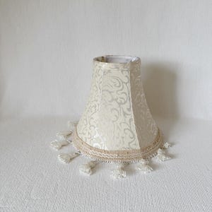Vintage French Tapestry Bell-Shaped Lampshade with Pompoms, Table Top Lamp Shade with Tassels, Medium Lamp Shade, White Table Lamp Shade