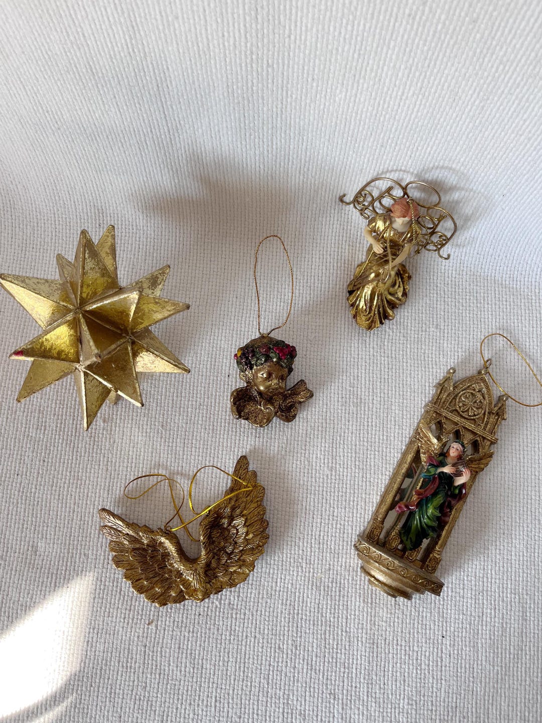 Set of 5 Different Gilded Gold Christmas Tree Ornaments
