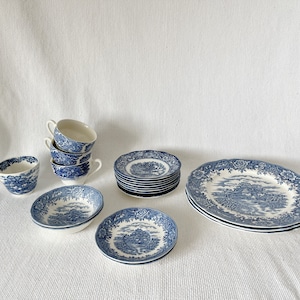 Vintage English Ironstone hand Painted Village and Liberty Blue Dinnerware, Blue White Cups, English Dining Plates, Cups with Horses, Bowls