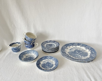 Vintage English Ironstone hand Painted Village and Liberty Blue Dinnerware, Blue White Cups, English Dining Plates, Cups with Horses, Bowls