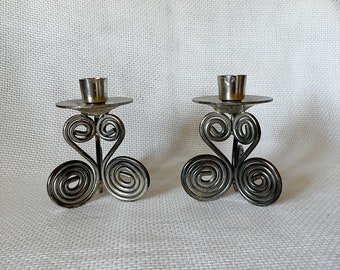 Vintage Set of 2 Silver Brass Scroll LargeCandle Strick Holders, Made in India, Unique Heavy Candle Holders, Vintage Boho Candle Holder
