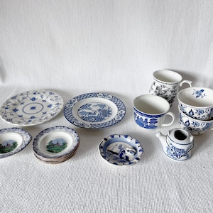 Vintage English Ironstone Hand Painted Assorted Collectible Blue White Cups, English Dining Plates, Ashtray, Tea Bag Mini Plates, Picher Jug