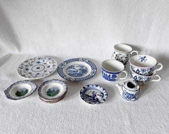 Vintage English Ironstone Hand Painted Assorted Collectible Blue White Cups, English Dining Plates, Ashtray, Tea Bag Mini Plates, Picher Jug