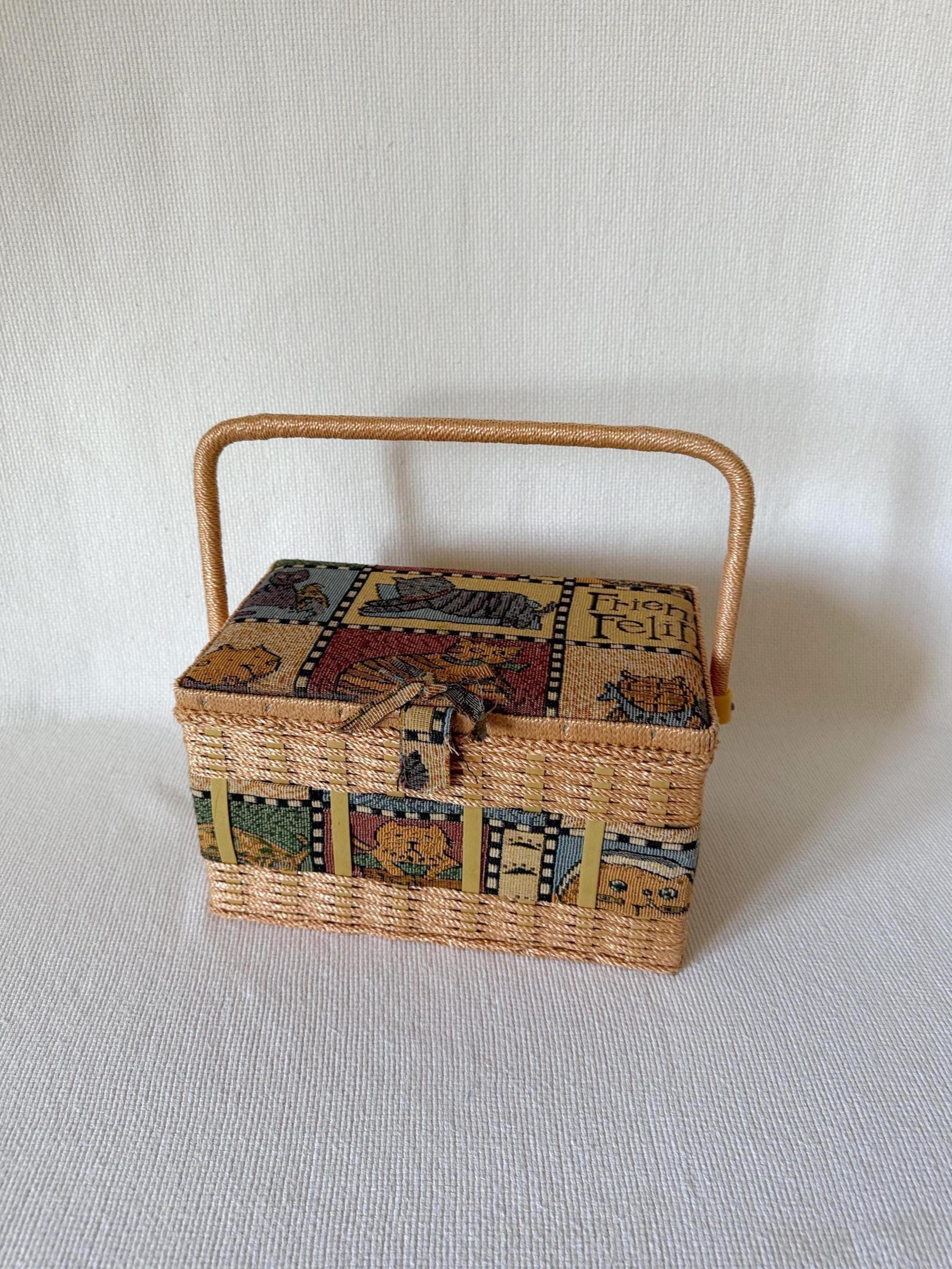 ヴィンテージ ソーイングボックス ねこ Kitten Sewing Box Vintage Cat Sewing Basket Box, Woven Straw Storage With Handle