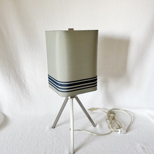 Vintage Silver Tripod base lamp with Gray Blue Striped Shade Lamp, Night Stand Square Shade Lamp, Table Top Accent Lamp, Navy Blue Nautical